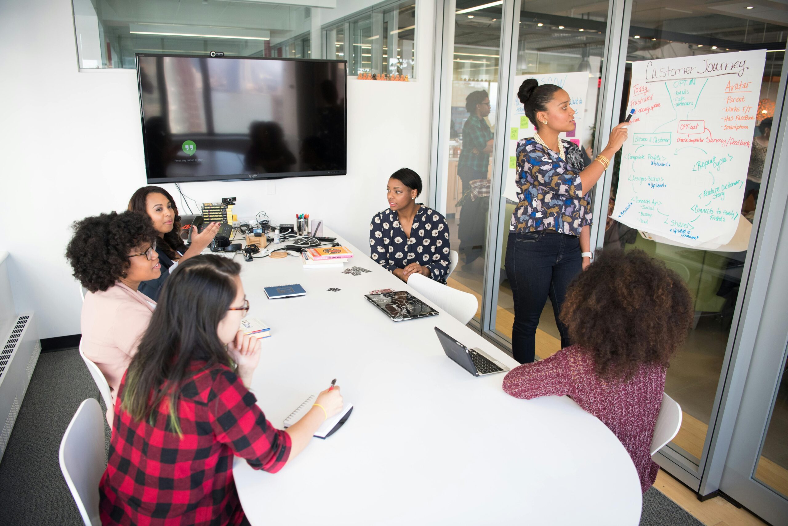 Woman presenting a customer journey chart to a team in a modern office meeting